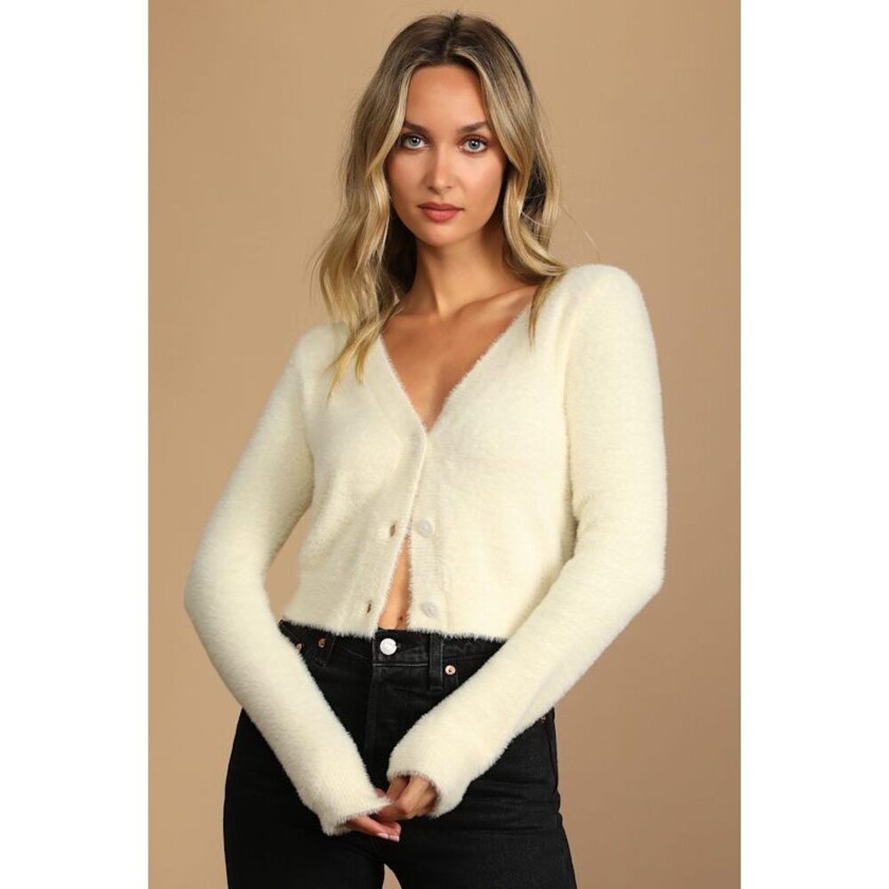 Lulus Winter Warmth Cream Eyelash Knit Fuzzy Cardigan Sweater White - Size S